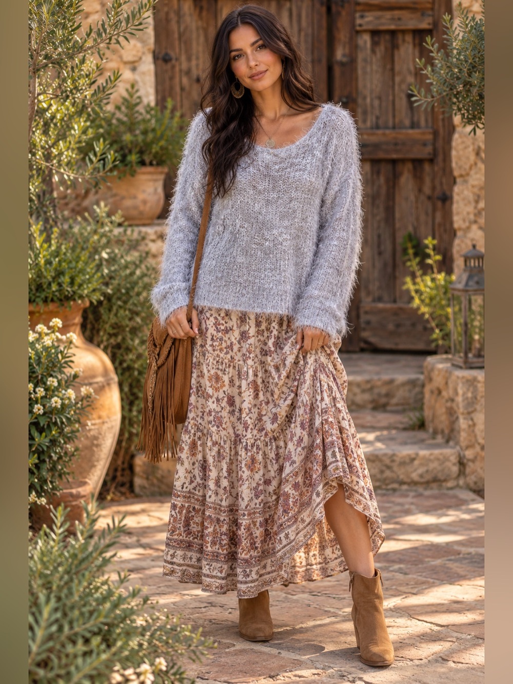 Wild Fable Boho Fuzzy Sweater in Beige and Grey | Size Medium